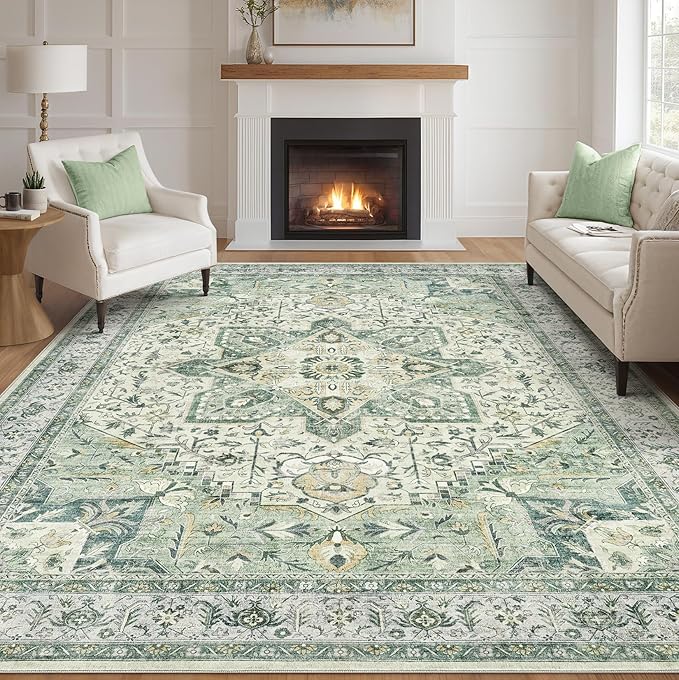 Tortania Area Rug Living Room Rugs - 7x9 Washable Boho Rug Vintage Oriental Distressed Farmhouse Large Thin Indoor Carpet for Living Room Bedroom Under Dining Table Home Office - Green