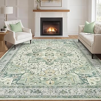 Tortania Area Rug Living Room Rugs - 7x9 Washable Boho Rug Vintage Oriental Distressed Farmhouse Large Thin Indoor Carpet for Living Room Bedroom Under Dining Table Home Office - Green