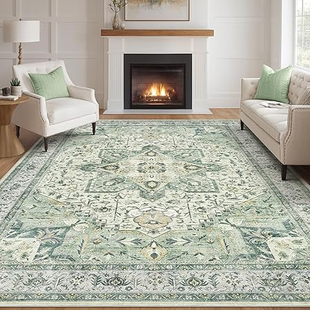 Tortania Area Rug Living Room Rugs - 7x9 Washable Boho Rug Vintage Oriental Distressed Farmhouse Large Thin Indoor Carpet for Living Room Bedroom Under Dining Table Home Office - Green