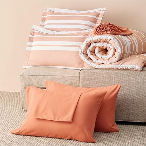Miniatura 7 de BEDSURE Bed in a Bag - Juego de edredón de 7 piezas a rayas color naranja quemado y blanco para todas las estaciones, 2 fundas de almohada, sábana