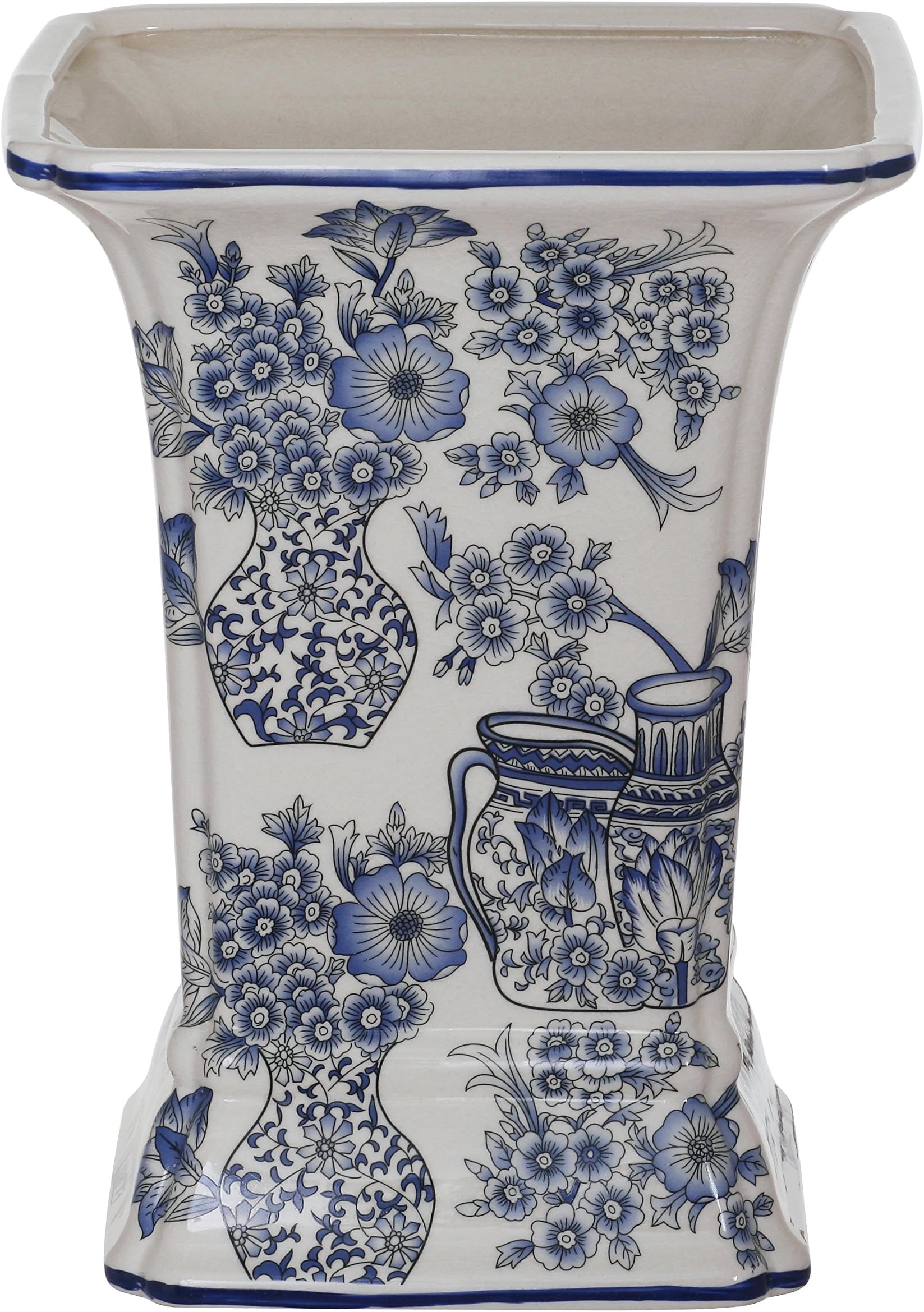 Winward Designs Porcelain Garden Square Vase, 12.5-Inch, Blue/White
