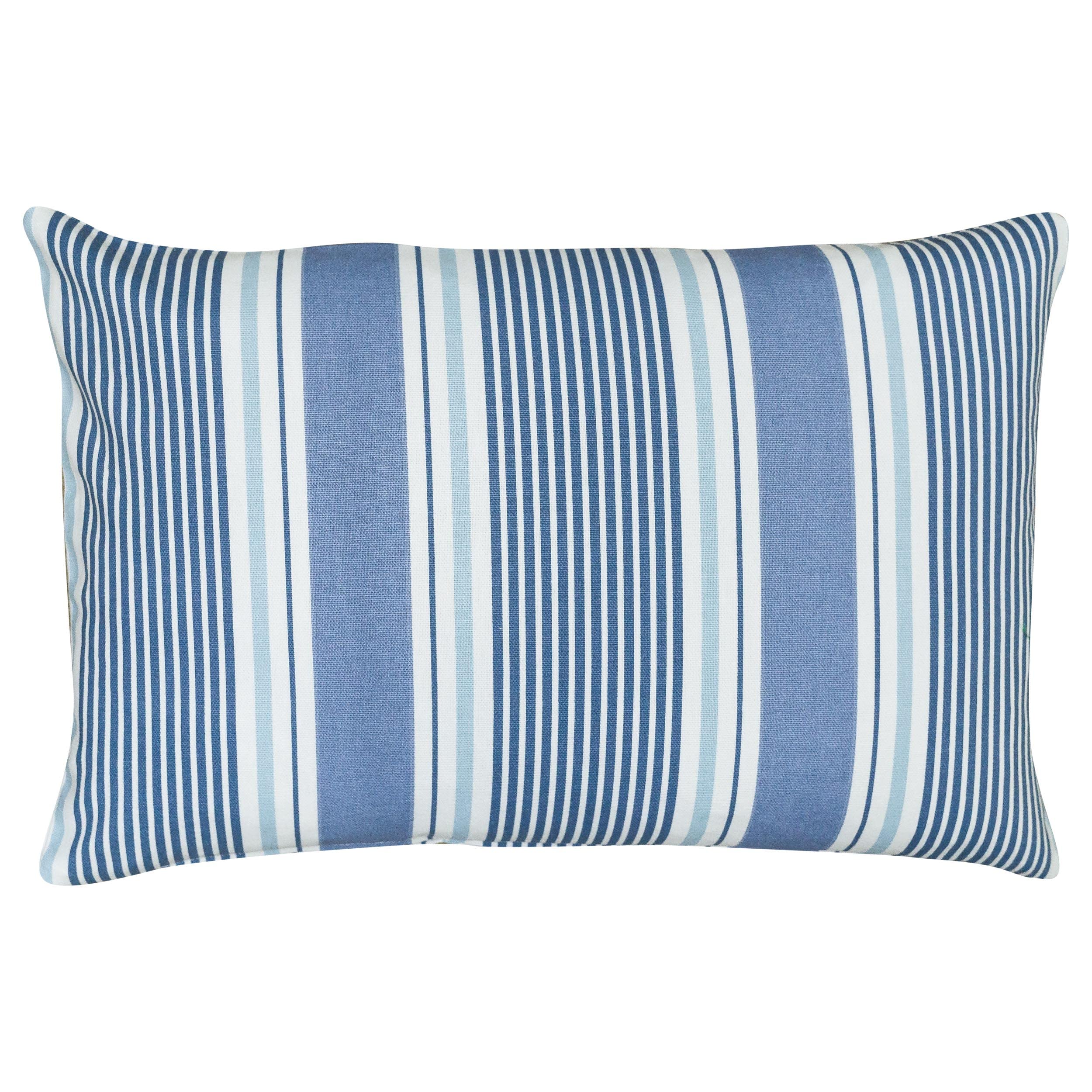 Linen Loft Navy Coastal Stripe Boudoir Cushion Cover In Blue. Classic Nautical Striped Pattern In Marine Ocean Blue & Seafoam White. 17X12 Rectangle Cushion Cover Only