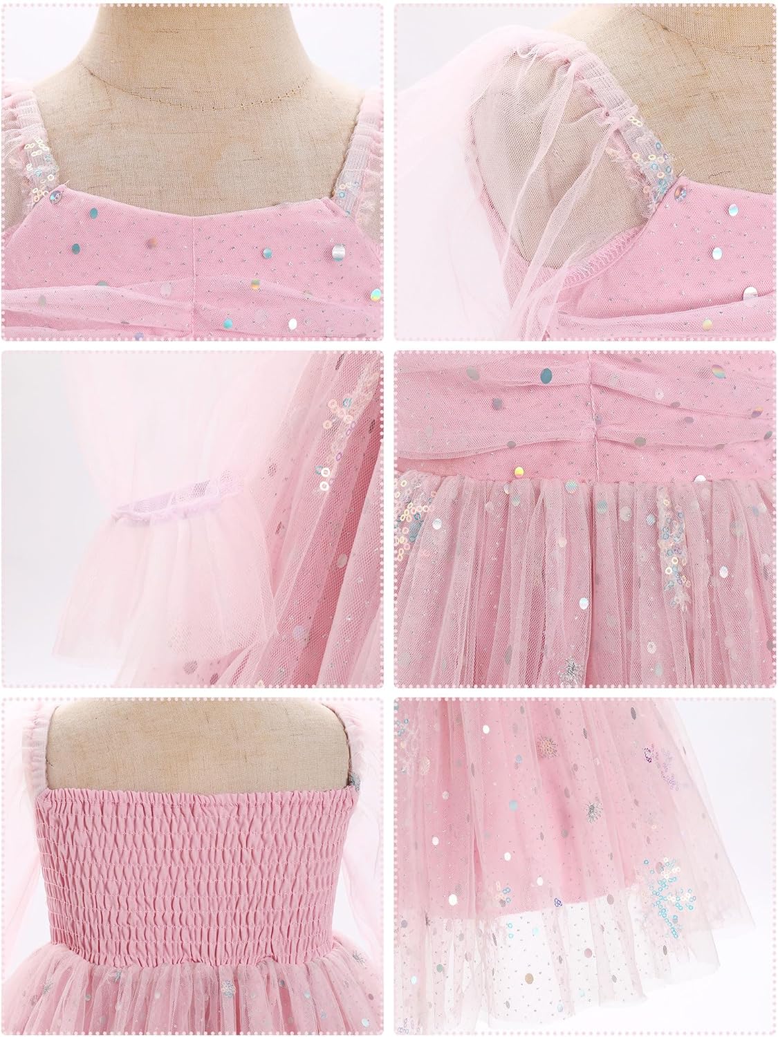 AWIBMK Kids Baby Girls Mesh Long Sleeve Birthday Princess Tulle Tutu Dress Square Neck Smocked Back Wedding Party Dress Pink Sequins Snowflake 18-24 Months - Image 5
