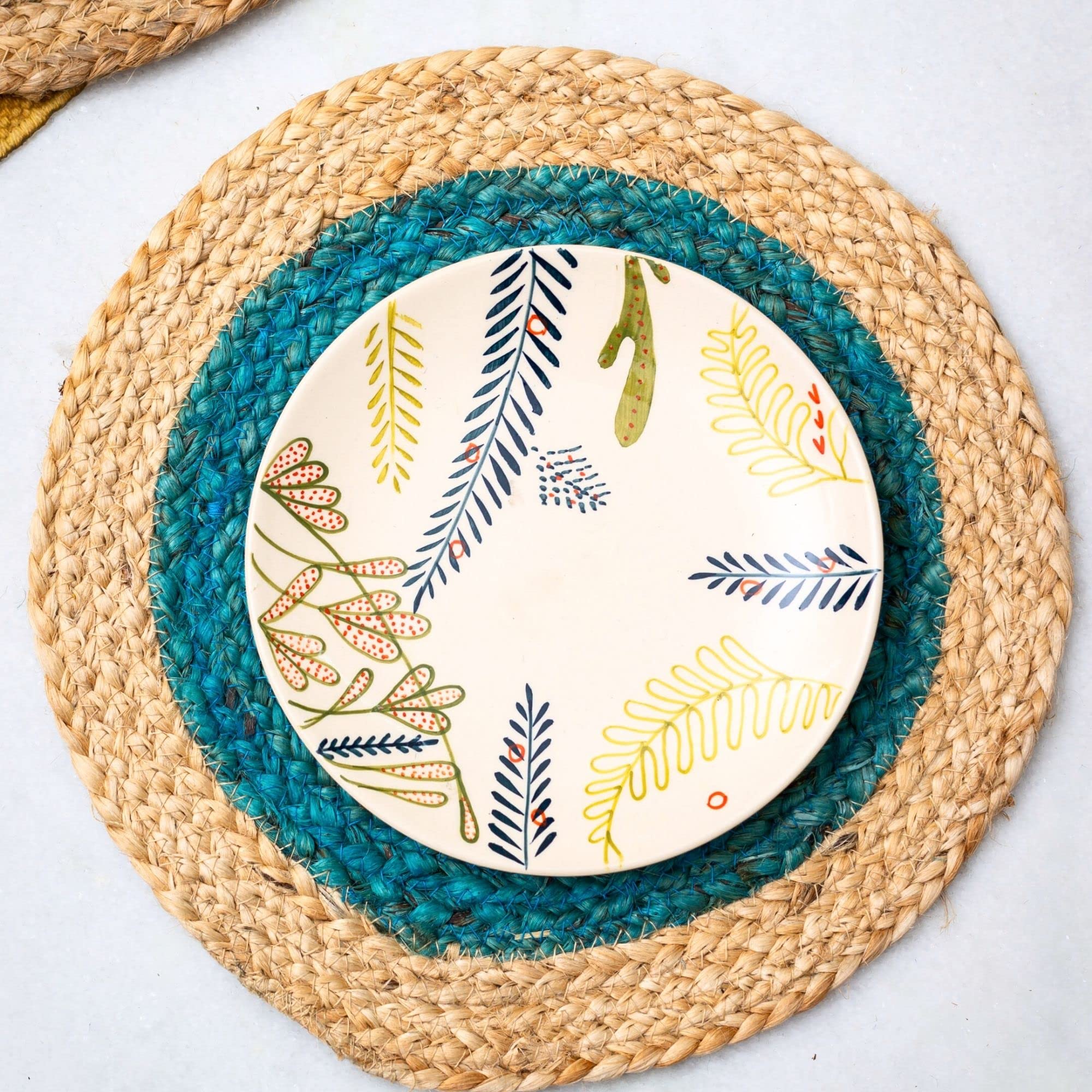 Jasmey Homes Monochrome Round Braided Jute Placemats (Teal, 30 cm) -Set of 4