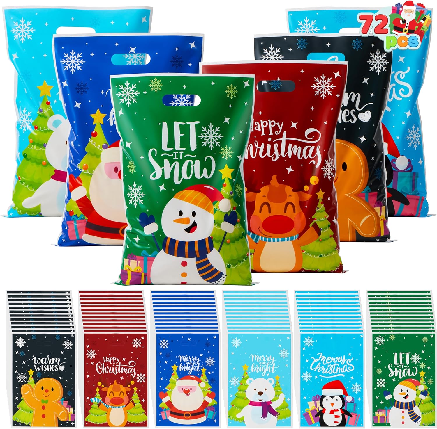 JOYIN 72 PCS Christmas Plastic Goodies Bags with Handles, Xmas Shopping Goody Gift Bags for Present Wrapping, Party Decoration Supplies, Festive Parties Favor, Holiday Treats (11" x 16") - Image 8