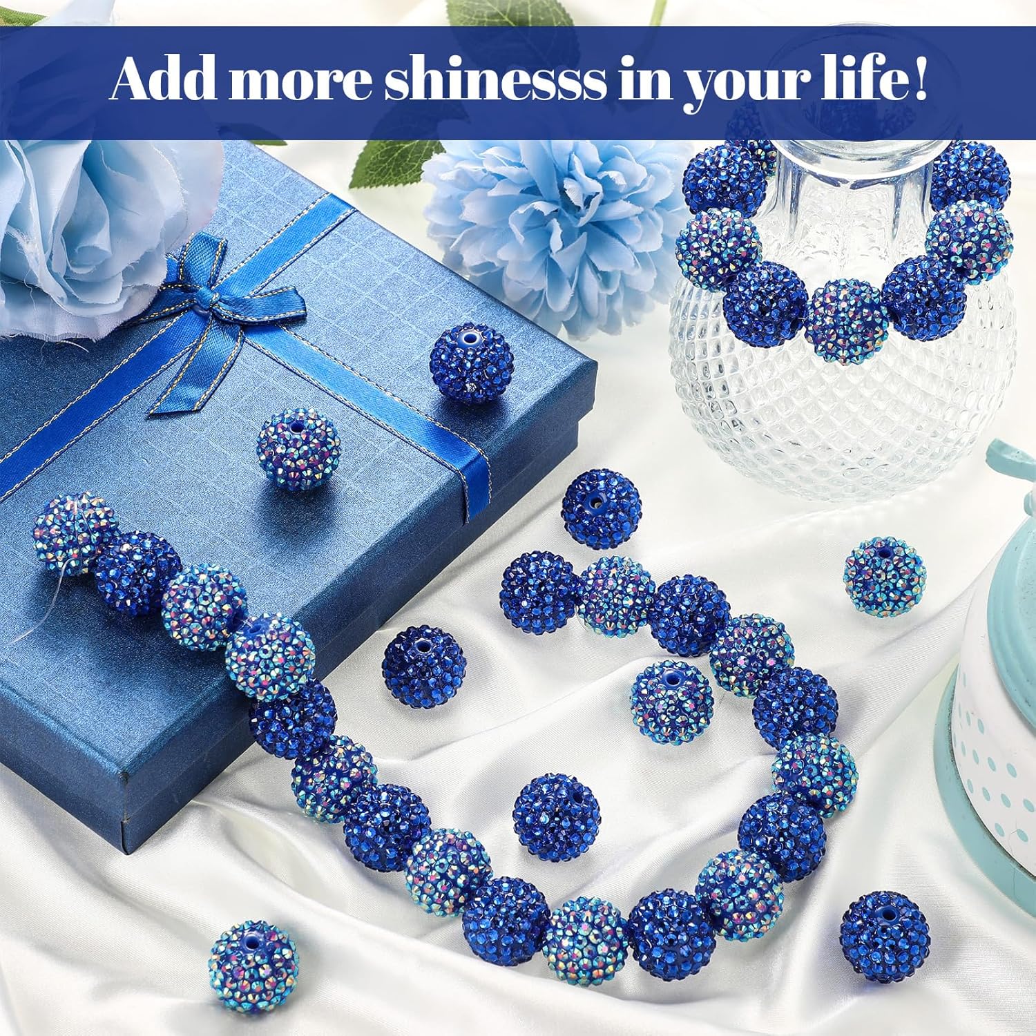 40 Pcs 20 mm Rhinestone Beads Bulk Crystal Round Disco Ball Chunky Bubblegum Beads for Pens Bracelets Charms Craft European Style Jewelry Making Supplies Christmas(Dark Blue) - Image 6