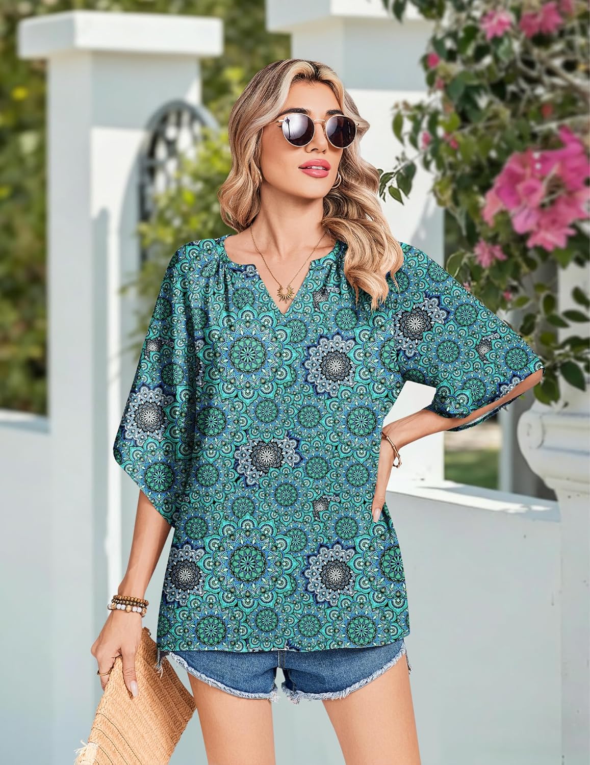 Zeagoo Womens Tops 3/4 Sleeve V Neck Bohemian Blouses Casual Loose Fit Tunic Boho Shirts Floral Printed Clothes - Image 2