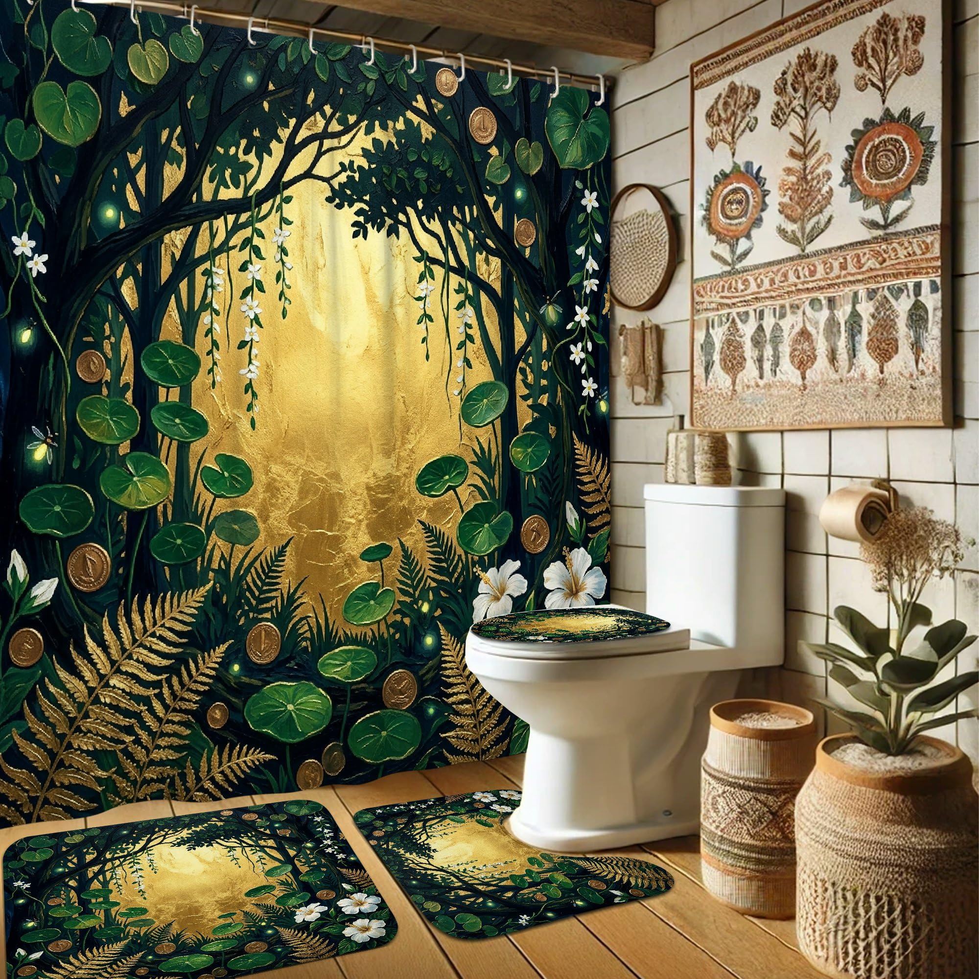 Rideau de douche vert été style jungle tropicale avec tapis assorti pour salle de bain
