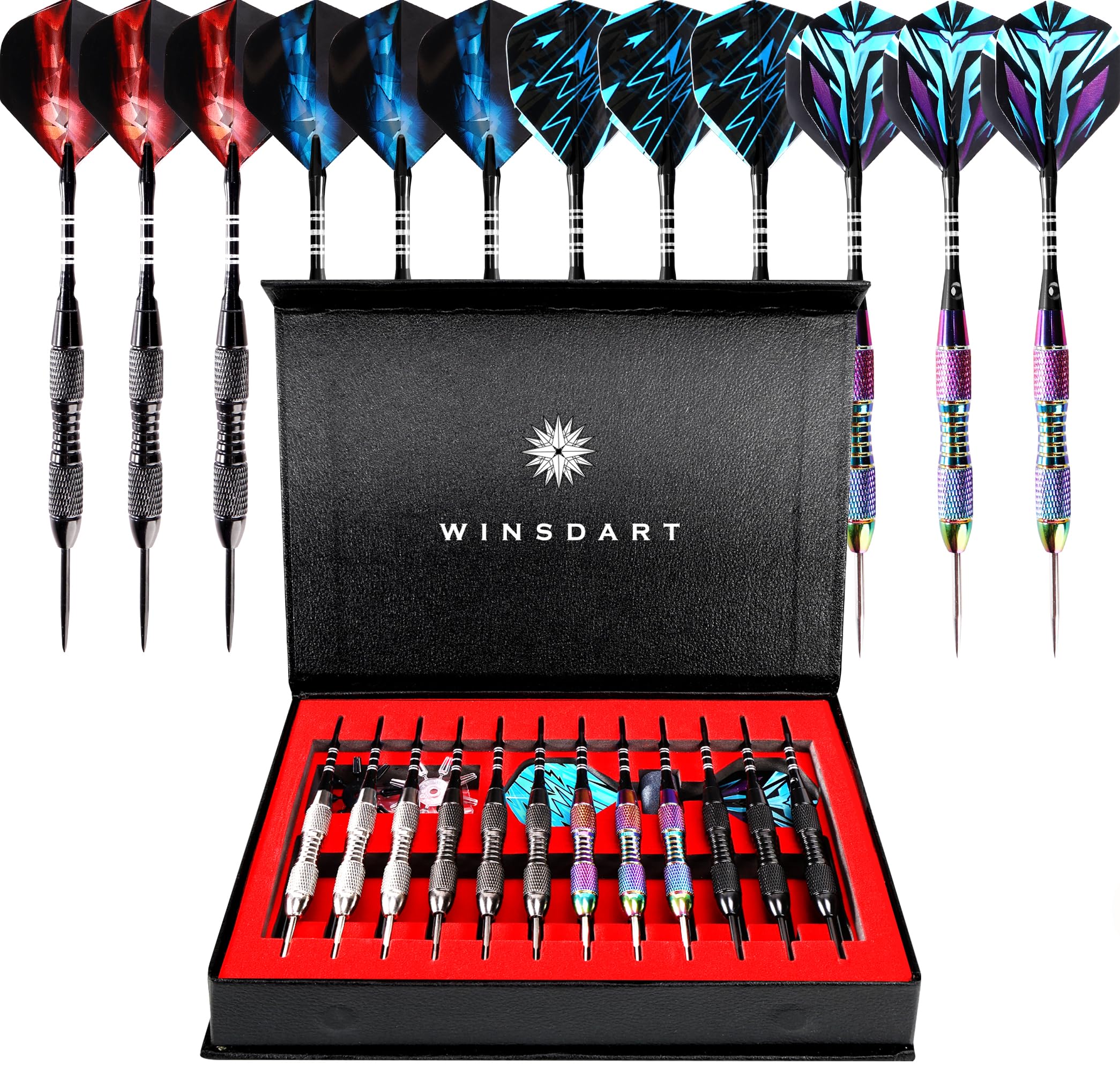 WINSDART ADKX Steel Tip Darts 12 Pack Set with Nonslip Iron Barrel Aluminum Dart Shafts and Flights + Darts Sharpener + an Gift Box (Darts-I)