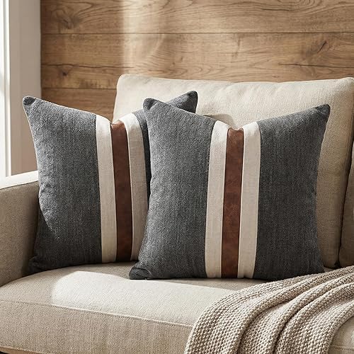 Vista 12 de BOYSUM Juego de 2 fundas de almohada de cuero, decoración de exteriores, de lino marrón, de imitación de piel sintética, para sofá, café, 16 x 16