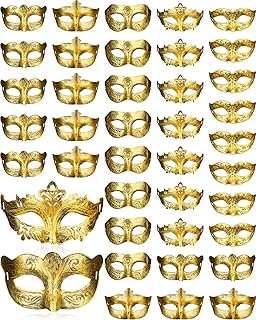 Yunsailing 40 Pcs Masquerade Mask Bulk Mardi Gras Masks Vintage Antique Masks for Halloween Ball Cosplay Performance Prop (Gold)