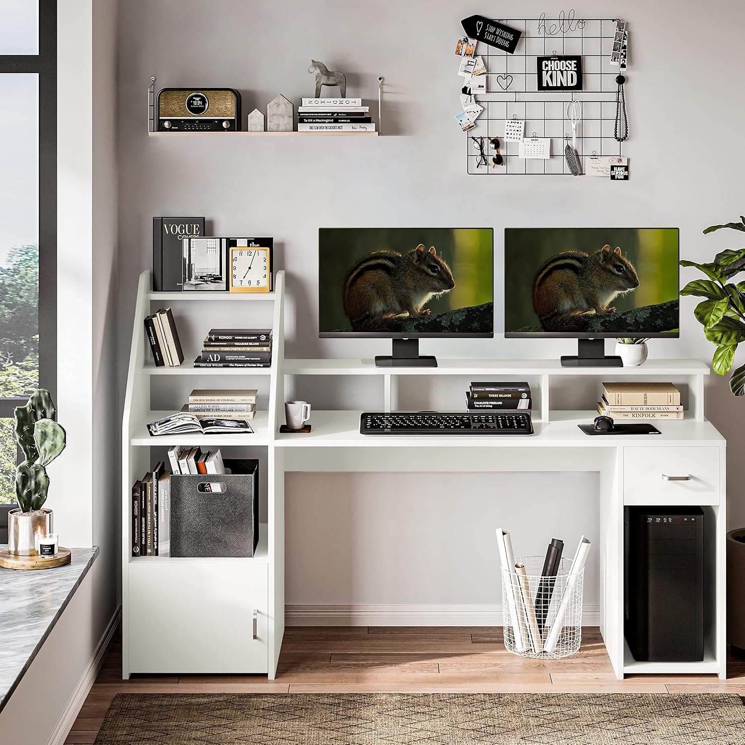 Itaar 64.5'' Large Computer Desk with Hutch, White Writing Desk with Drawers, Computer Table with Monitor Shelf, Modern Study Desk with Shelves for Home Office, White