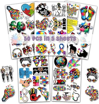 Pack 50 PCS Autism Awareness Stickers Waterproof Vinyl Decal Small Aesthetic Decor Laptop Water Bottles Phone Case Luggage Inspirational Sticker Set Bulk for Kids Teens Adults
