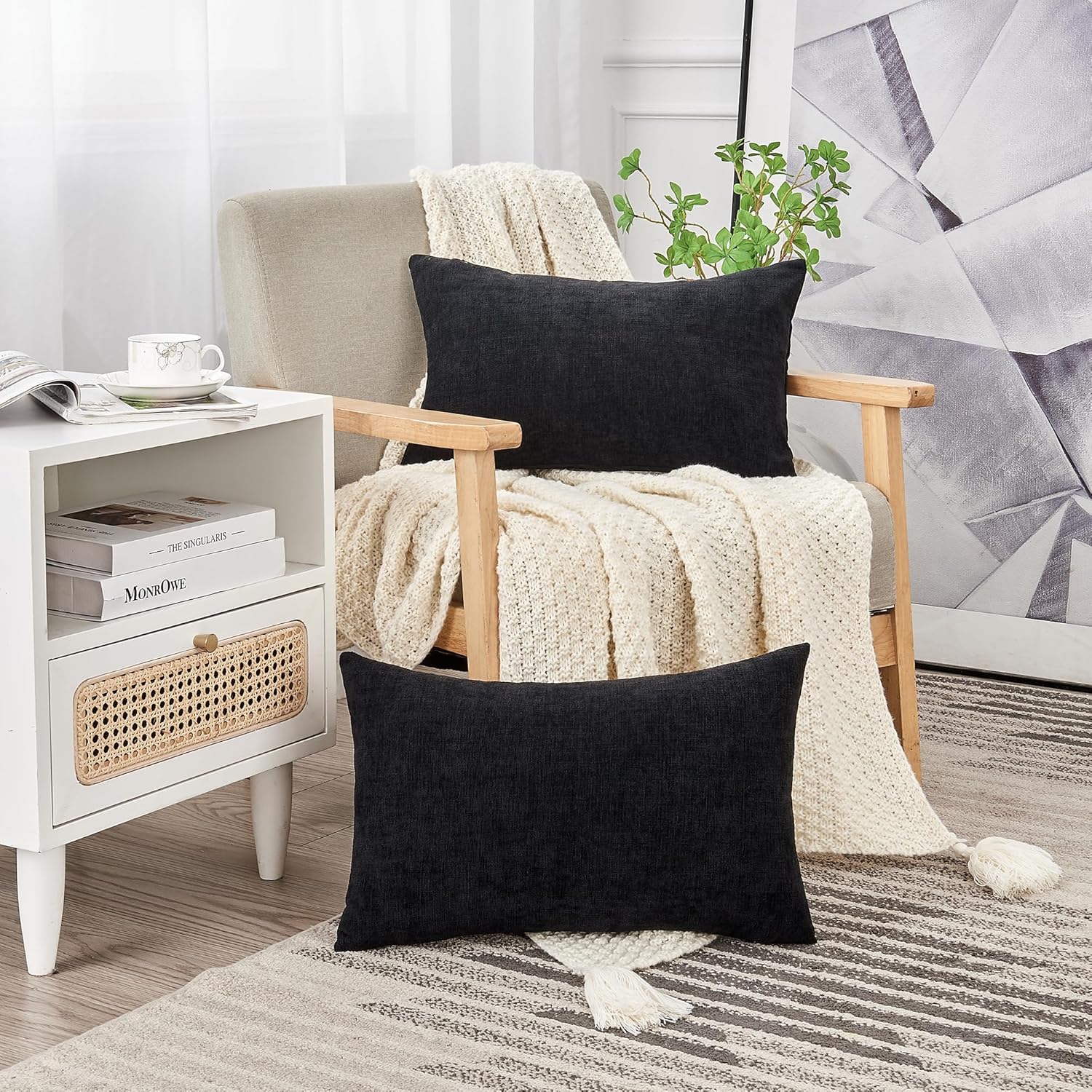 GAWAMAY Lumbar Pillow Cover Decorative Rectangle Throw Pillow Covers 12"x20" Inch Set of 2, Super Soft Chenille Pillowcase for Living Room Bedroom Sofa Couch Cushion Cover Black 30x50cm (No Insert) - Image 4
