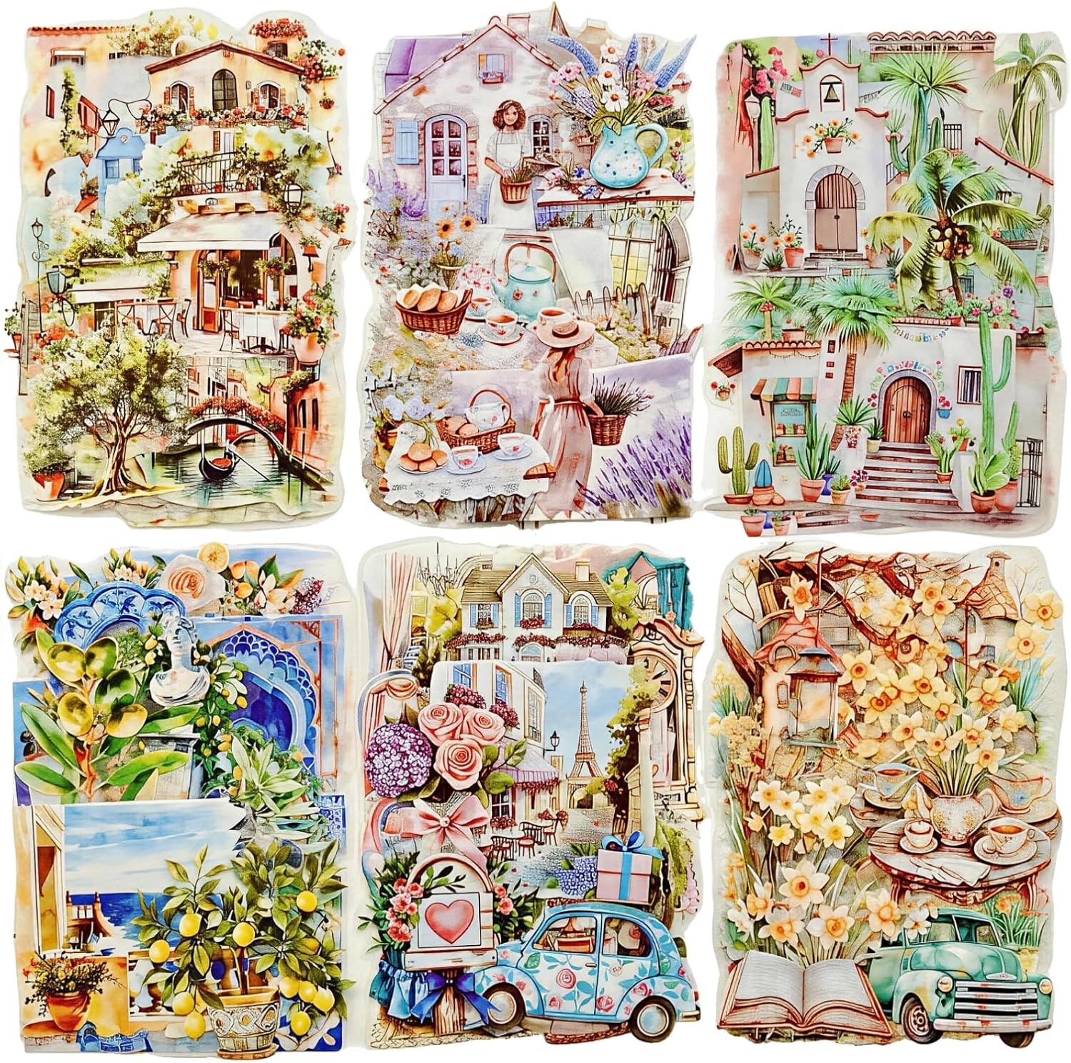 TIAMECH Encounter Small Town PET Stickers - 120 Pcs Garden Life Plant & Courtyard Building Design, Waterproof Sticker for Journaling & Scrapbooking, Junk Journal Supplies, Ephemera & DIY Crafts