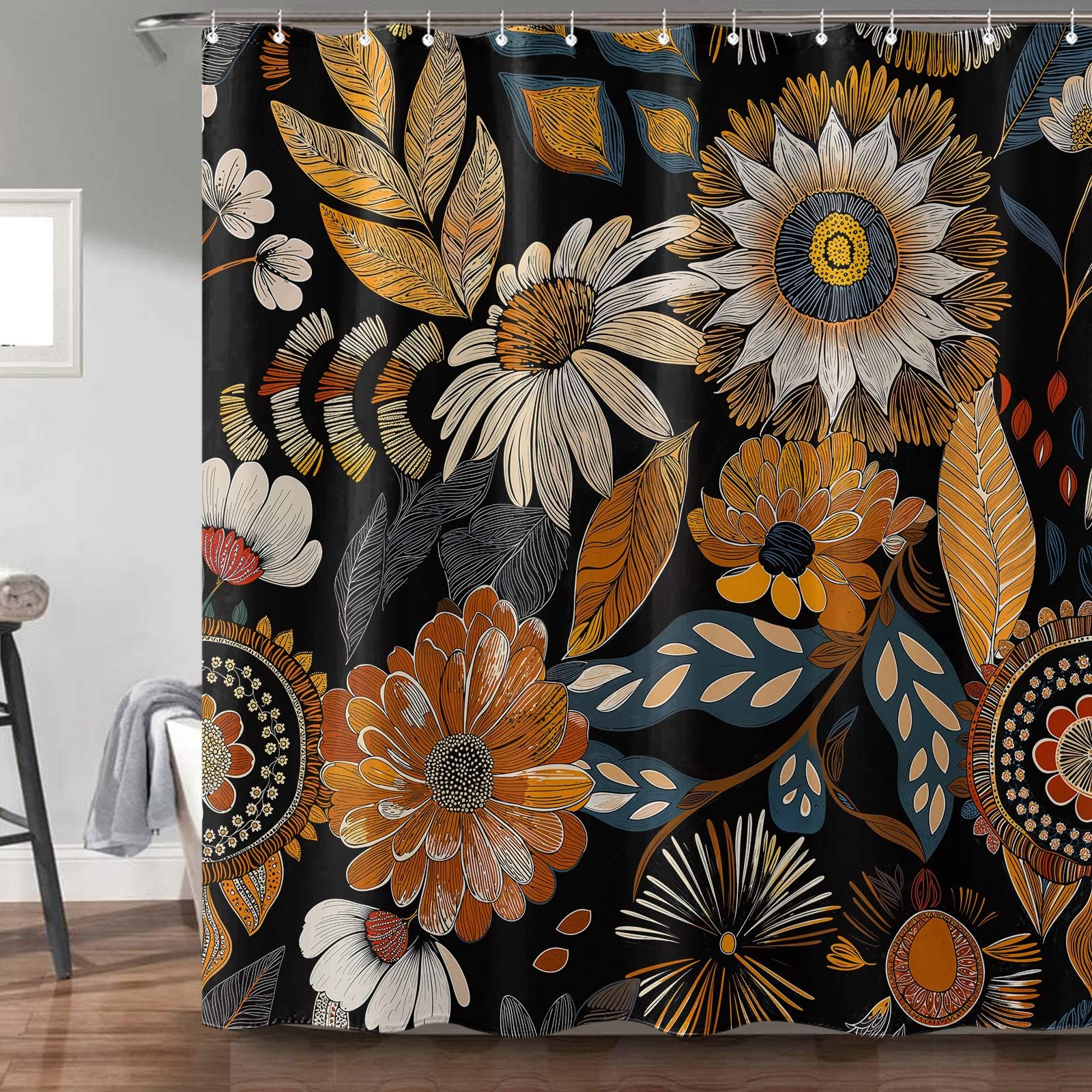 Boho Floral Shower Curtains, Bohemian Vintage Botanical Bathroom