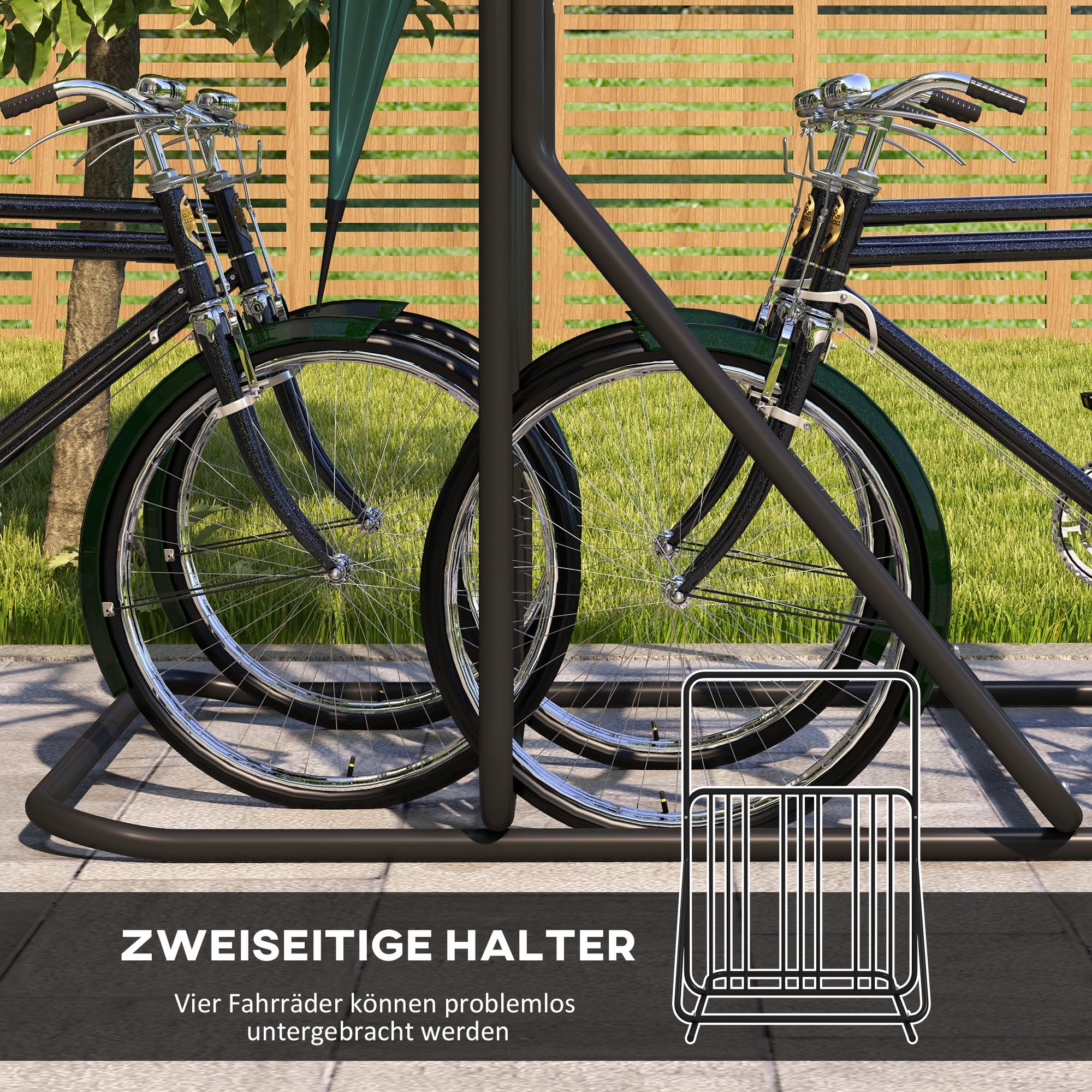 DURHAND Soporte para Bicicletas con asa Doble Cara 102x92x130cm Negro | Soporte para bicicletas de acero resistente a la intemperie, hasta 4 bicicletas