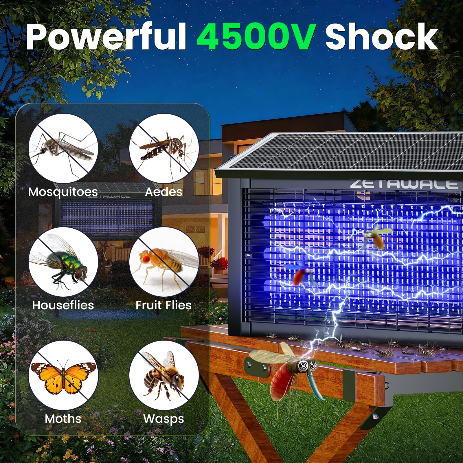 Solarbetriebener Insektenvernichter im Freien, 4500 V Mückenfalle mit 30 W Solarpanel, Fliegenfalle & Mückenvernichter, 6600 mAh Akku, IPX5 wasserdicht, deckt bis zu 4000 m² ab, für Terrasse