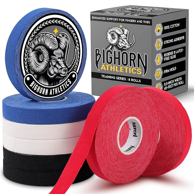 Bighorn Athletics Jiu Jitsu Finger Tape 0 5-Inch x 45-feet 8-Rolls Residue-Free Adhesive Athletic Sports Tape for BJJ