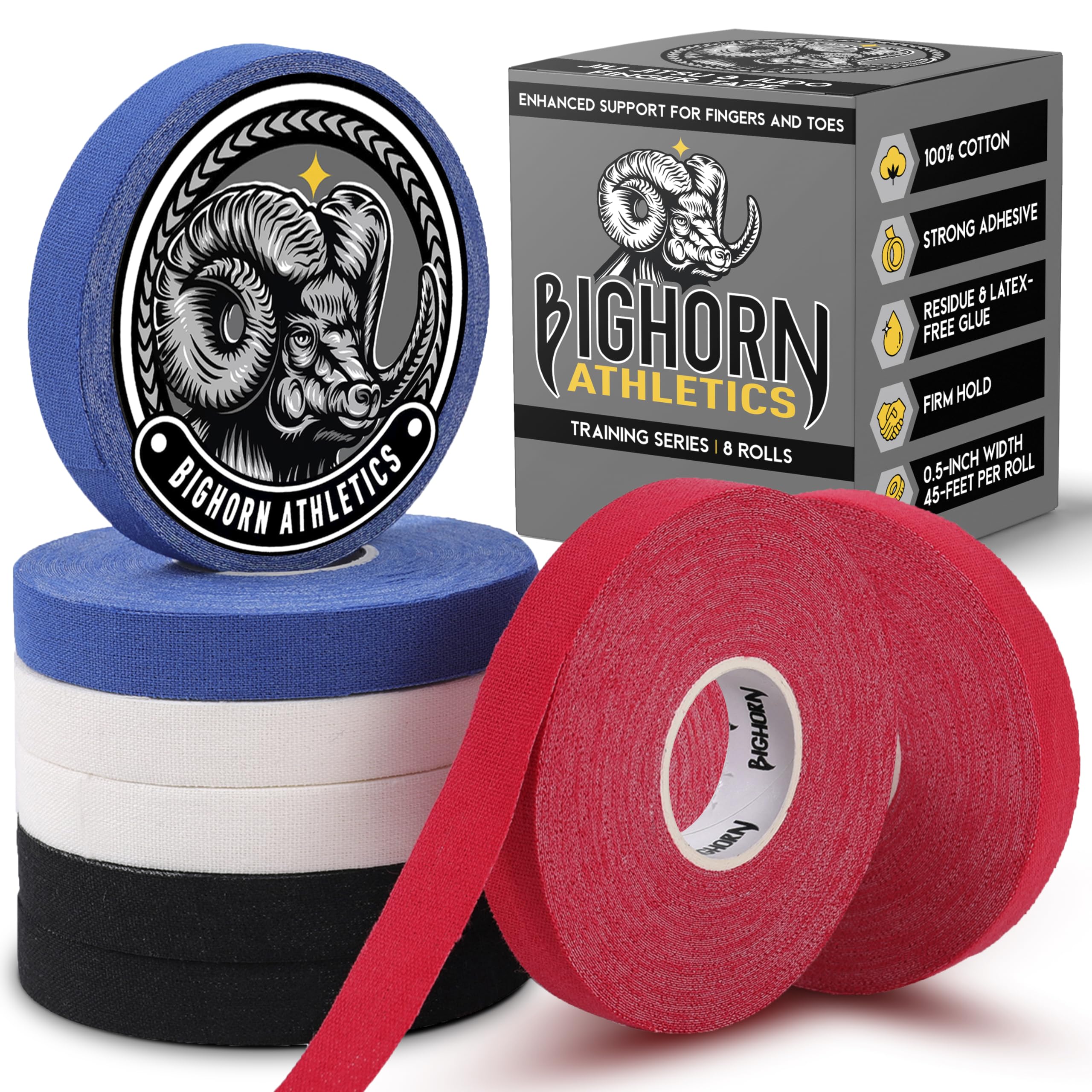 Bighorn Athletics Jiu Jitsu Finger Tape 0 5-Inch x 45-feet 8-Rolls Residue-Free Adhesive Athletic Sports Tape for BJJ