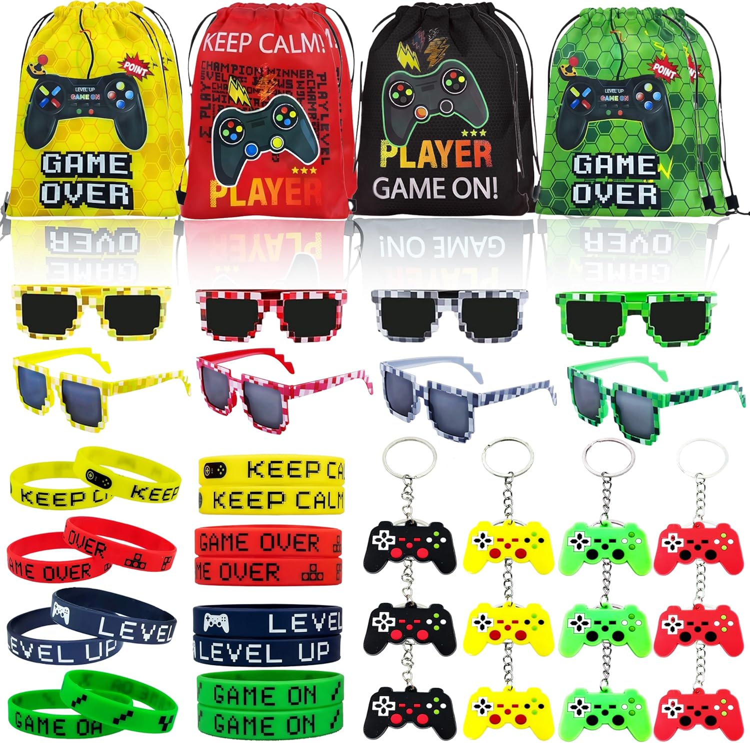 Game On Video Game Party Favors Set – 48 PCS Gamer Birthday Supplies for Kids. 12 Set of Drawstring Bags, Pixel Glasses, Wristbands, Controller Keychains – Level Up Gaming Party Decorations
