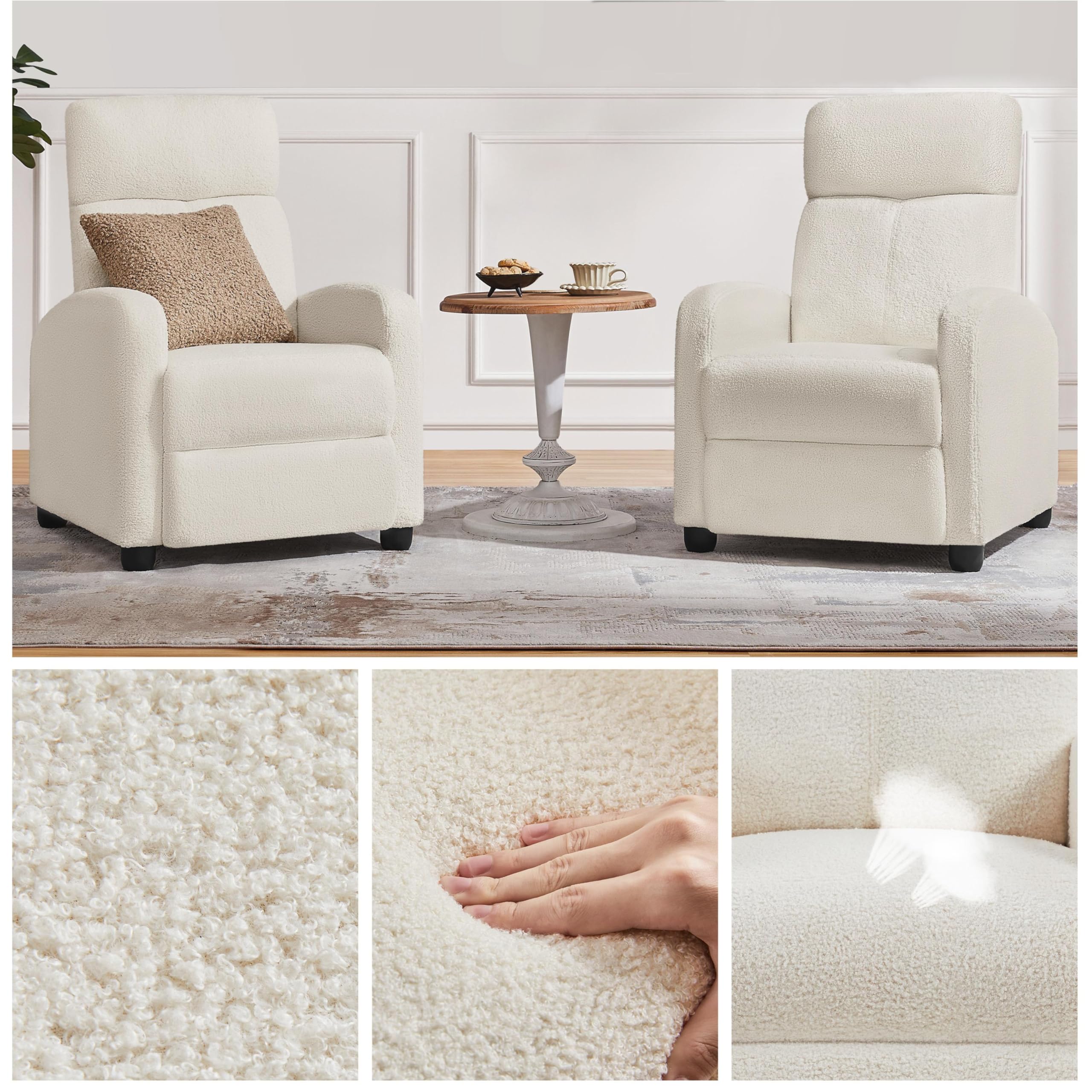 Yaheetech Fauteuil de Relaxation Petit Canapé Inclinable en Tissu Bouclette Doux en 3 Positions 1 Place avec Repose Pied/Chambre à Coucher/Home Cinéma/Salon Ivoire