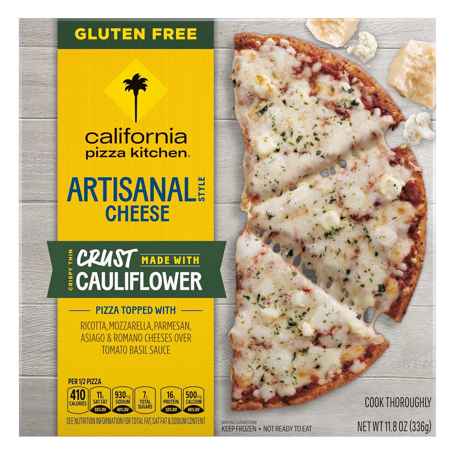 California Pizza Kitchen Artisanal Style Cheese Pizza, Cauliflower Crust Frozen Pizza Topped with Ricotta, Mozzarella, Romano, Asiago Parmesan Cheese Over Tomato Sauce 11.8 Oz