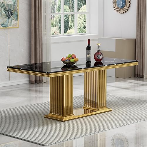 Miniatura 28 de Mesa de comedor de lujo de 69.3 pulgadas para 4 y 6, mesas de comedor de cocina de mármol blanco con parte superior de mármol sintético de 0.98