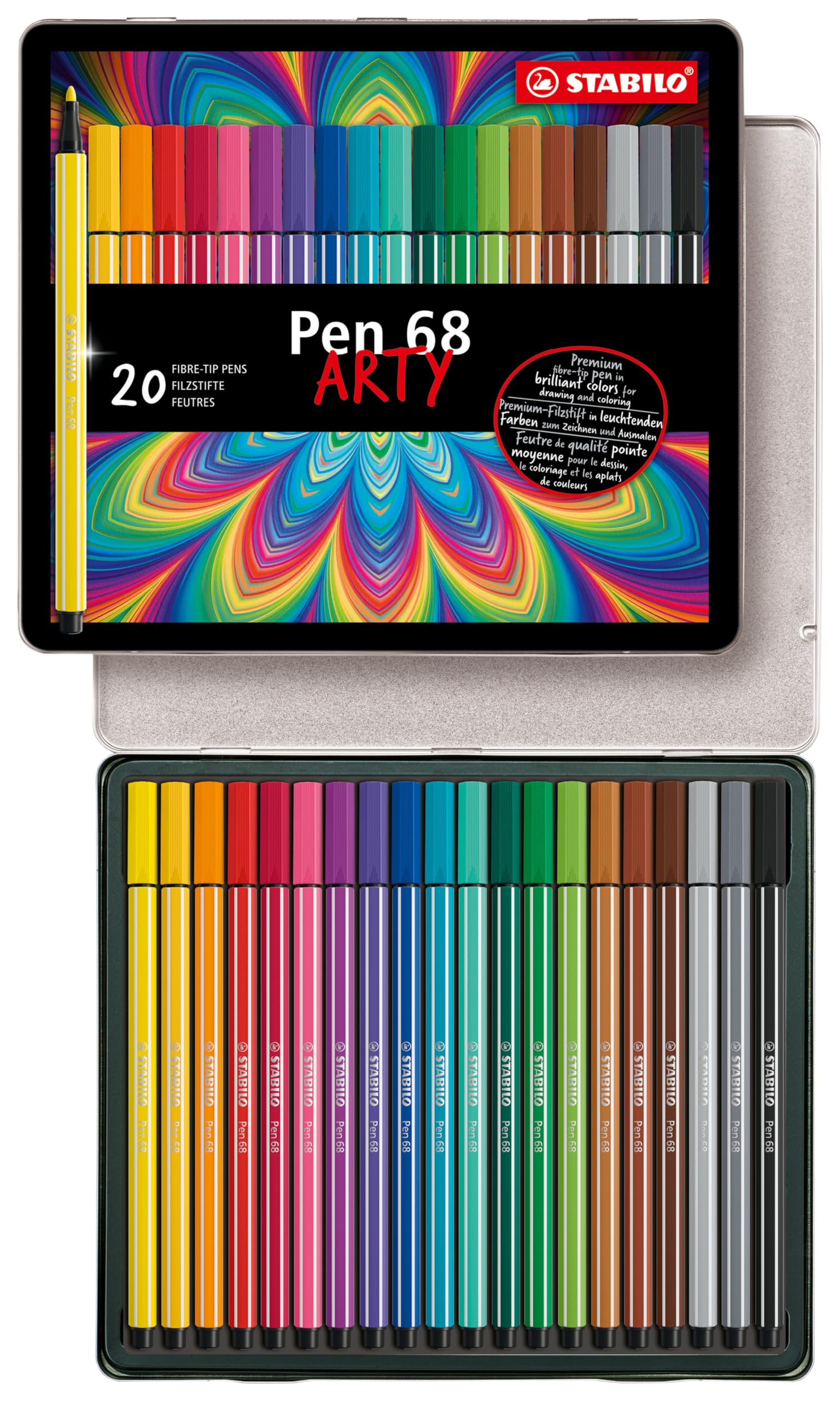 STABILOPremium Fiber-Tip Pen Pen 68 - Tin of 20 - Assorted Colors, Coloring Felt Tip Marker, Fine Point, 1mm Tip