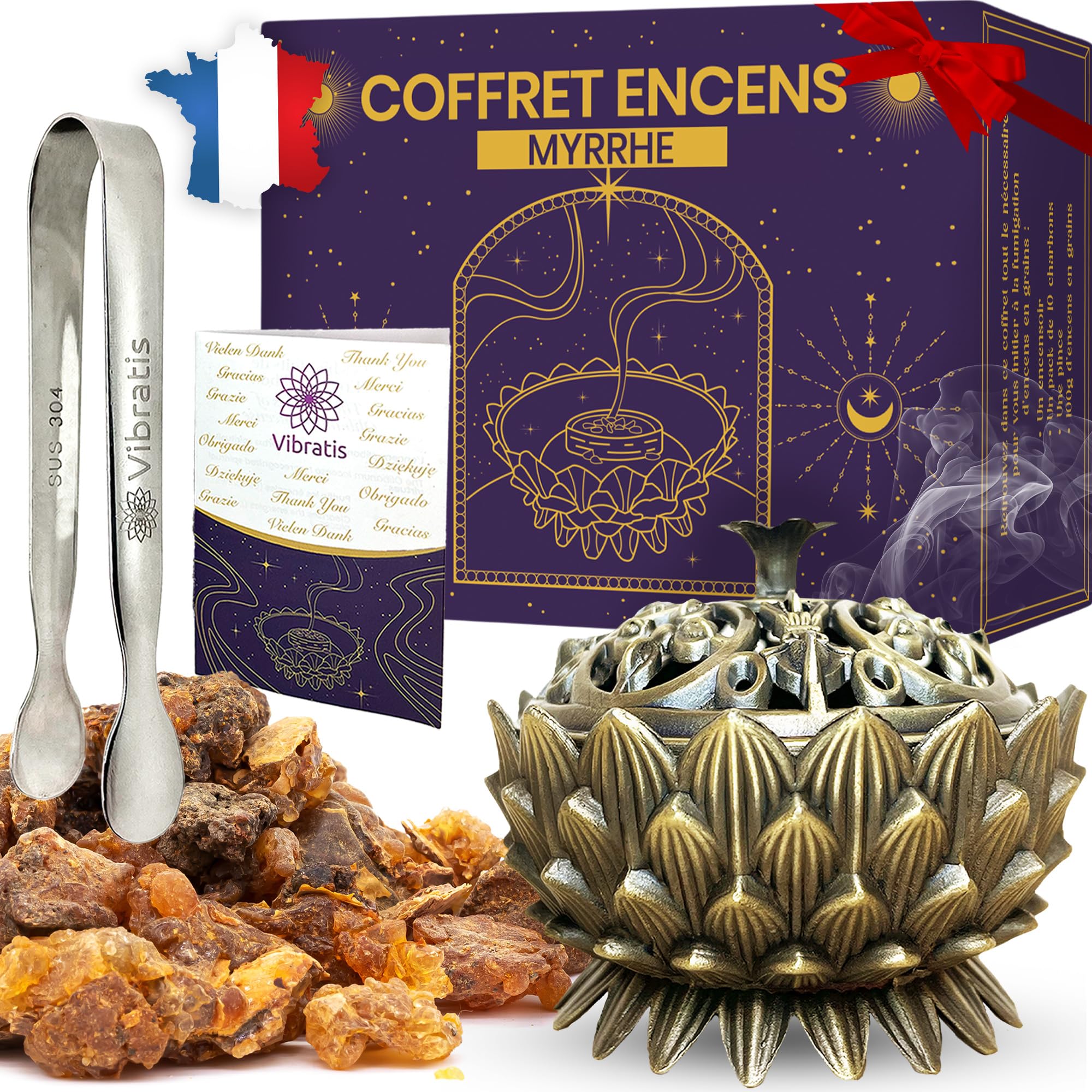 Coffret Encens Myrrhe Naturelle 100g avec Encensoir et Pince Inoxydable