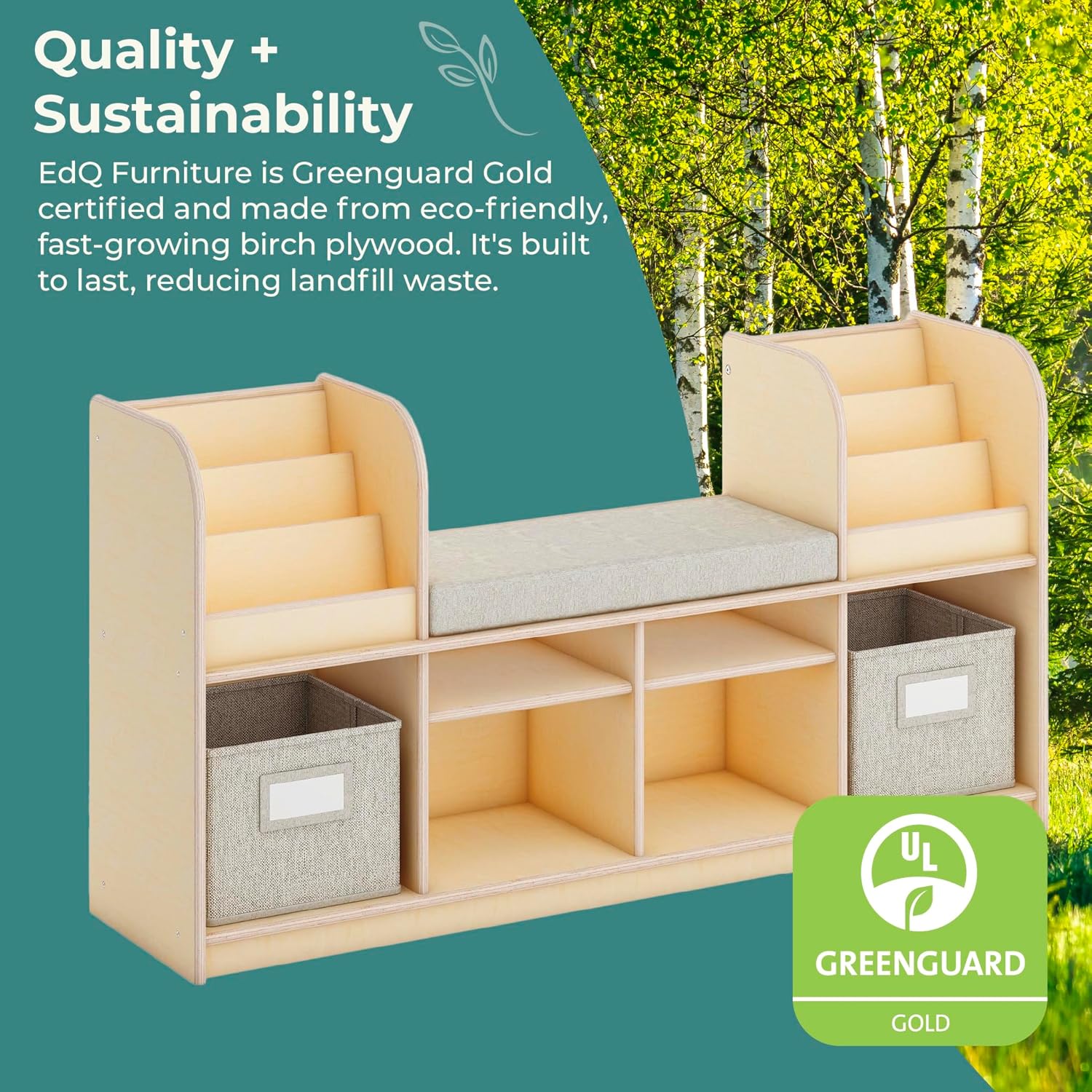 Guidecraft EdQ Reading Nook - Natural: Wooden Multi-Purpose Storage Bookcase and Toy Organizer; Kids' Birch Plywood Bedroom and Classroom Furniture