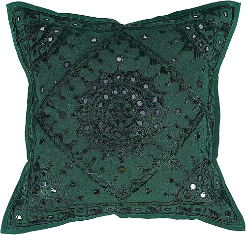 ALOFCART Fundas de almohada cuadradas decorativas hechas a mano indias, con espejo, bordado, hilo de trabajo, funda de cojín para sofá, dormitorio,