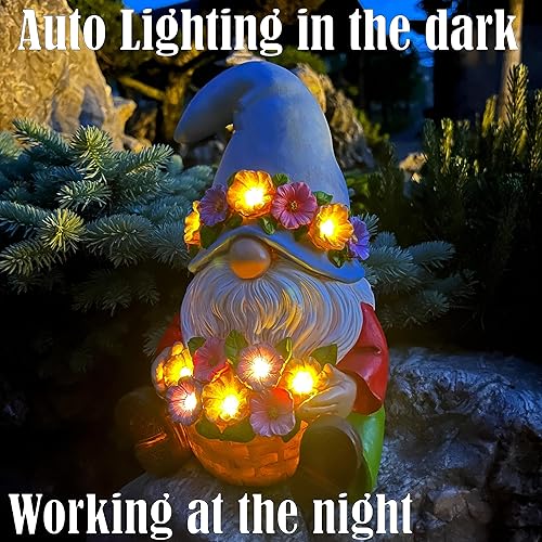 Miniatura 5 de Mood Lab Gnomo de jardín  Estatua solar de gnomo con cesta de flores  Estatua de césped de 9.25 pulgadas de alto con 8 luces LED  para decoración al