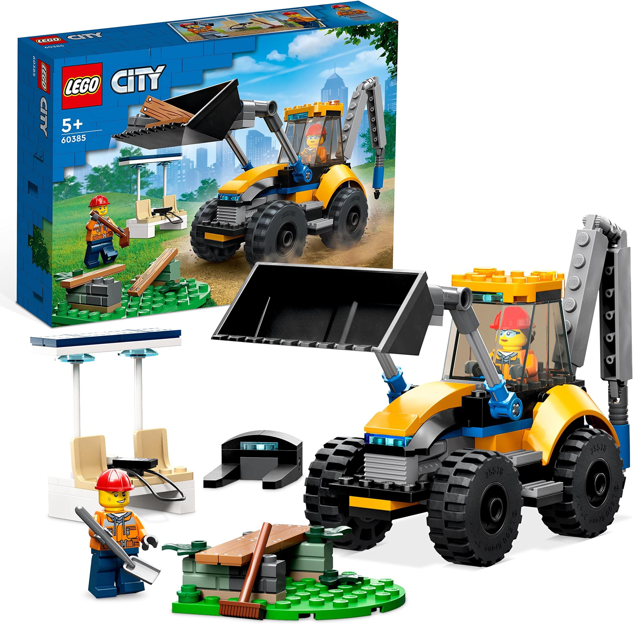 LEGO 60385 City Construction Digger, Excavator Toy for Boys and Girls Aged 5 Plus Years Old, Vehicle Building Set, Birthday Gift Idea with Minifigures