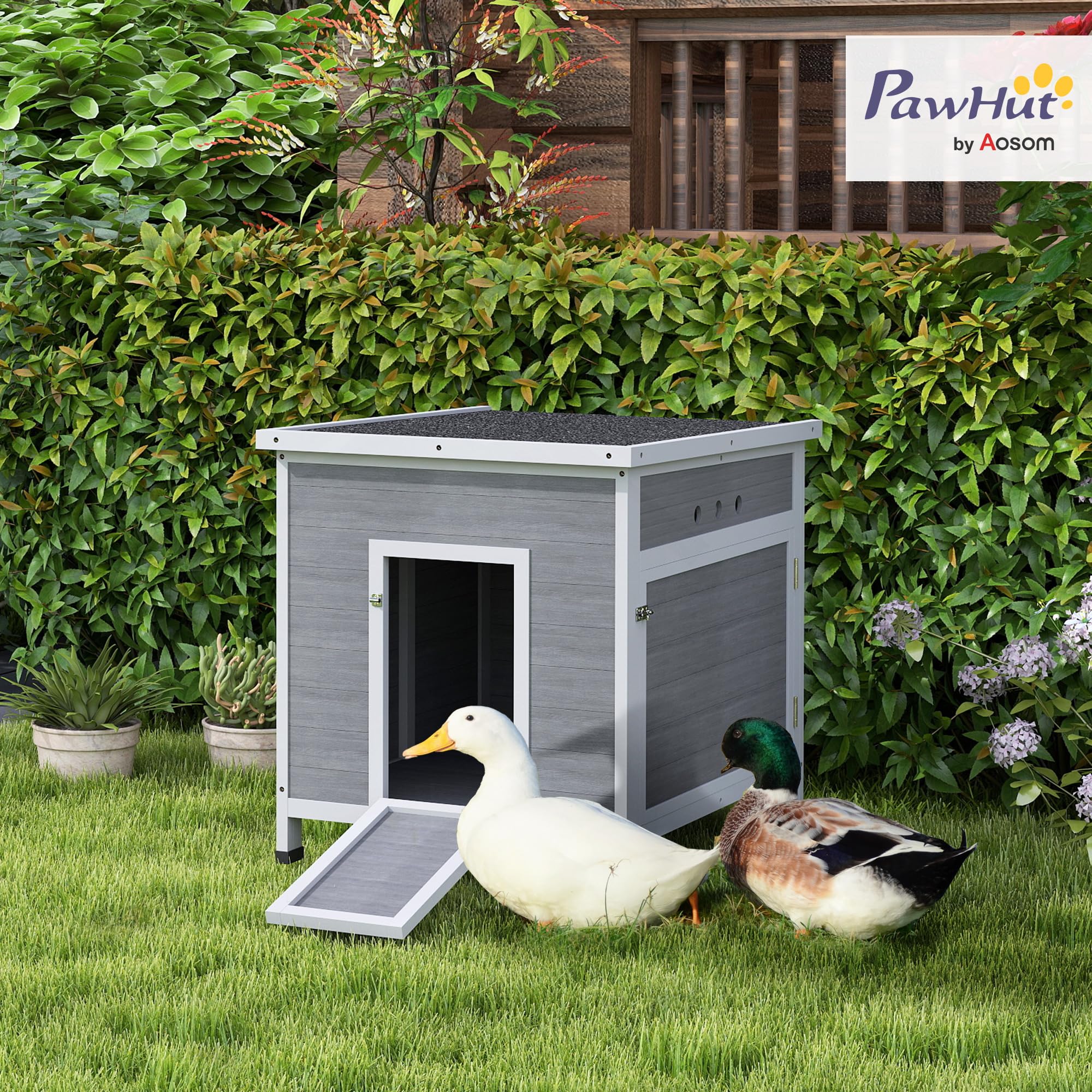 Casetta per anatre PawHut, casetta per anatre con porta laterale, fori di ventilazione, per pollame, per galline in legno di abete, per oche, pollaio con tetto in asfalto