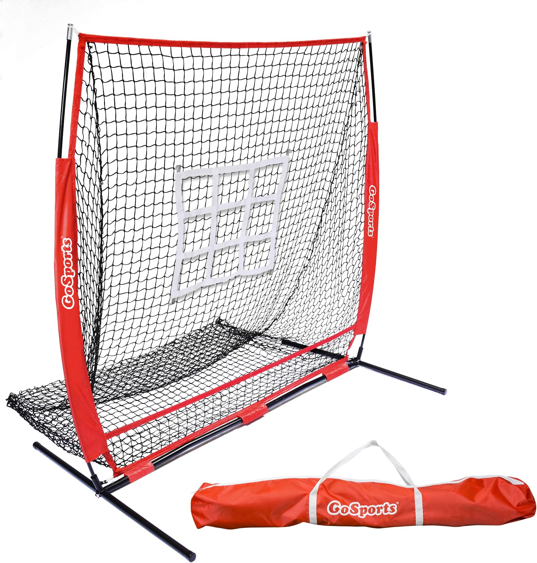 GoSports 5 ft x 5 ft Baseball & Softball Practice Hitting & Pitching Net with Bow Type Frame, Carry Bag and Strike Zone, Great for All Skill Levels