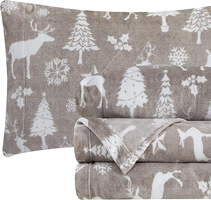 Elegant Comfort Luxuriously Soft 4-Piece Holiday Velvet Plush Flannel Sheet Set - Premium Quality - Cozy Warm, Christmas Fuzzy Velvet Flannel Fleece Deep Pocket Sheet Set - Twin, Silver Reindeer