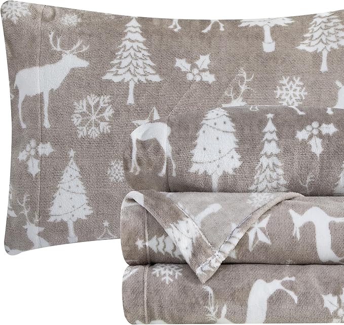 Elegant Comfort Luxuriously Soft 4-Piece Holiday Velvet Plush Flannel Sheet Set - Premium Quality - Cozy Warm, Christmas Fuzzy Velvet Flannel Fleece Deep Pocket Sheet Set - Twin, Silver Reindeer