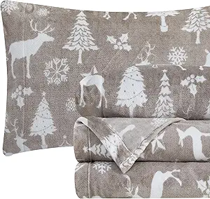 Elegant Comfort Luxuriously Soft 4-Piece Holiday Velvet Plush Flannel Sheet Set - Premium Quality - Cozy Warm, Christmas Fuzzy Velvet Flannel Fleece Deep Pocket Sheet Set - Twin, Silver Reindeer