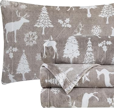 Elegant Comfort Luxuriously Soft 4-Piece Holiday Velvet Plush Flannel Sheet Set - Premium Quality - Cozy Warm, Christmas Fuzzy Velvet Flannel Fleece Deep Pocket Sheet Set - Twin, Silver Reindeer