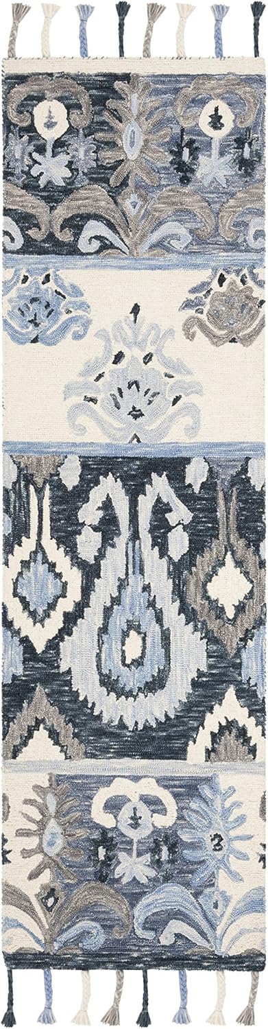 SAFAVIEH Suzani Collection 2'3" x 8' Blue/Ivory SZN208A Hand-Hooked Boho Premium Tassel Wool Runner Rug