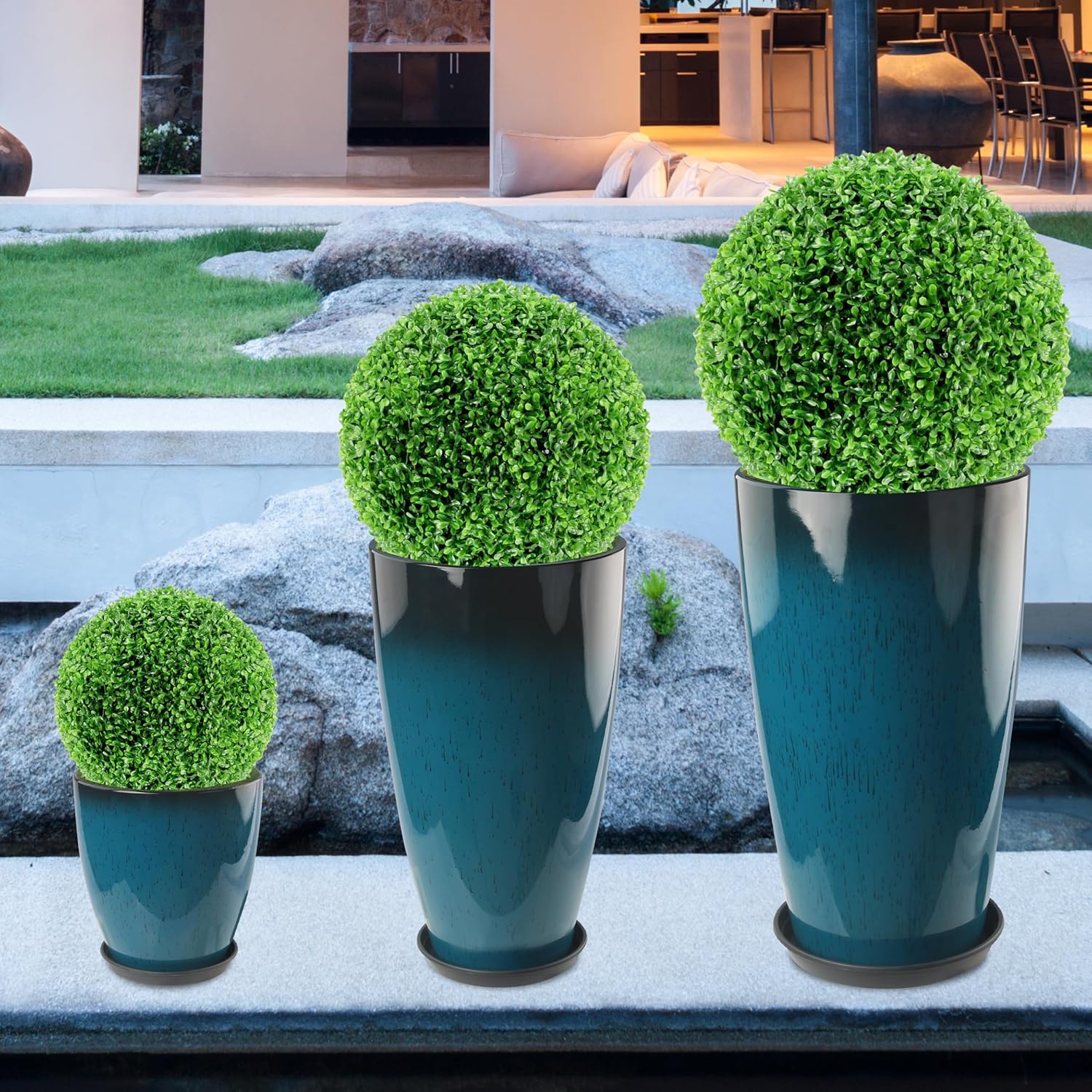 24-21-11 Inch Tall Planters Set of 3, Indoor Outdoor Blue Glossy Round Planter with Drainage Hole and Saucer, Large Decorative Plant Pots for Home Garden Porch (Blue)