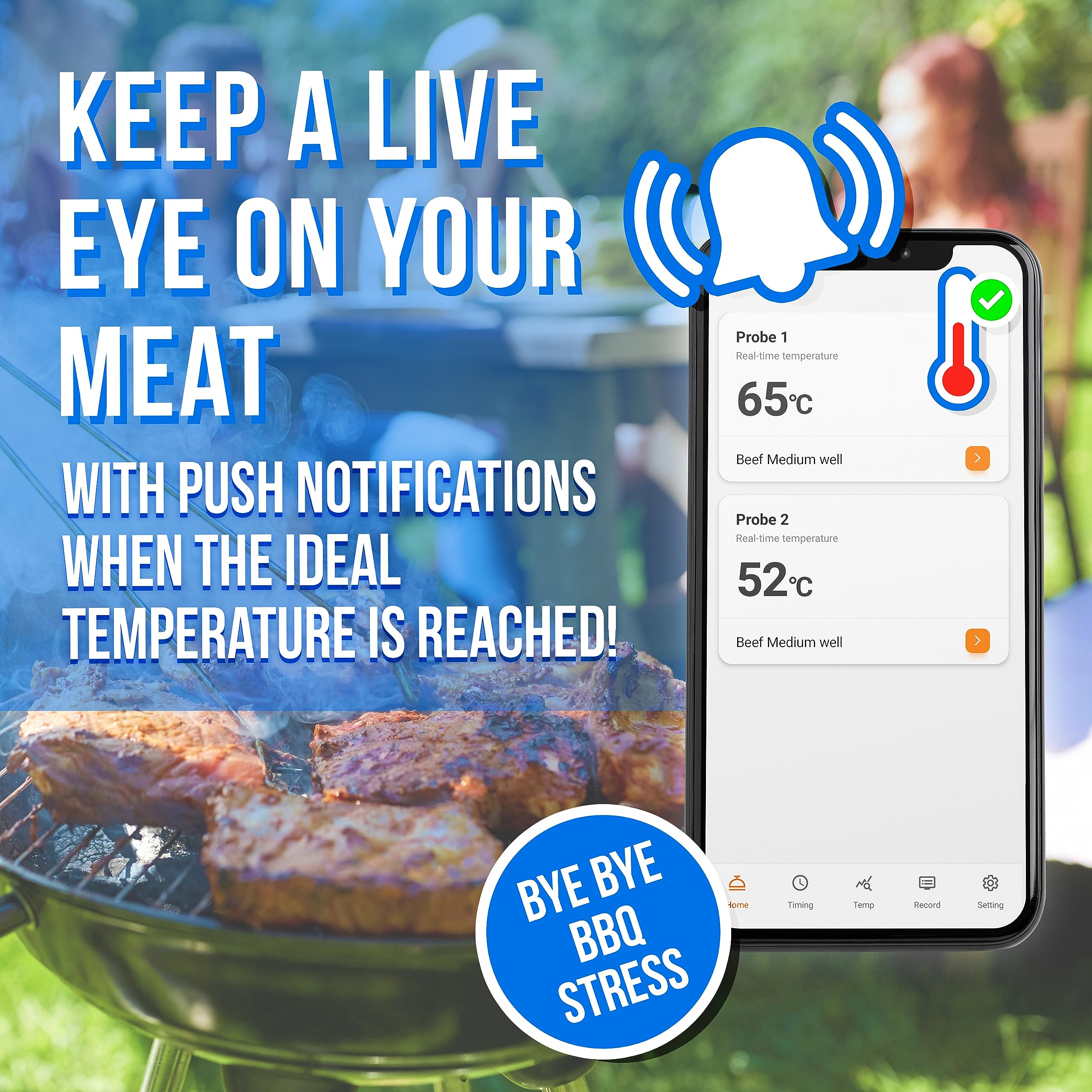 Silvergear® Fleischthermometer mit App | Grillthermometer Kabellos Bluetooth | BBQ Thermometer mit 2 Temperaturfühlern | 40m Reichweite | Digital Braten-Thermometer für Grill & Backofen| USB-Aufladbar
