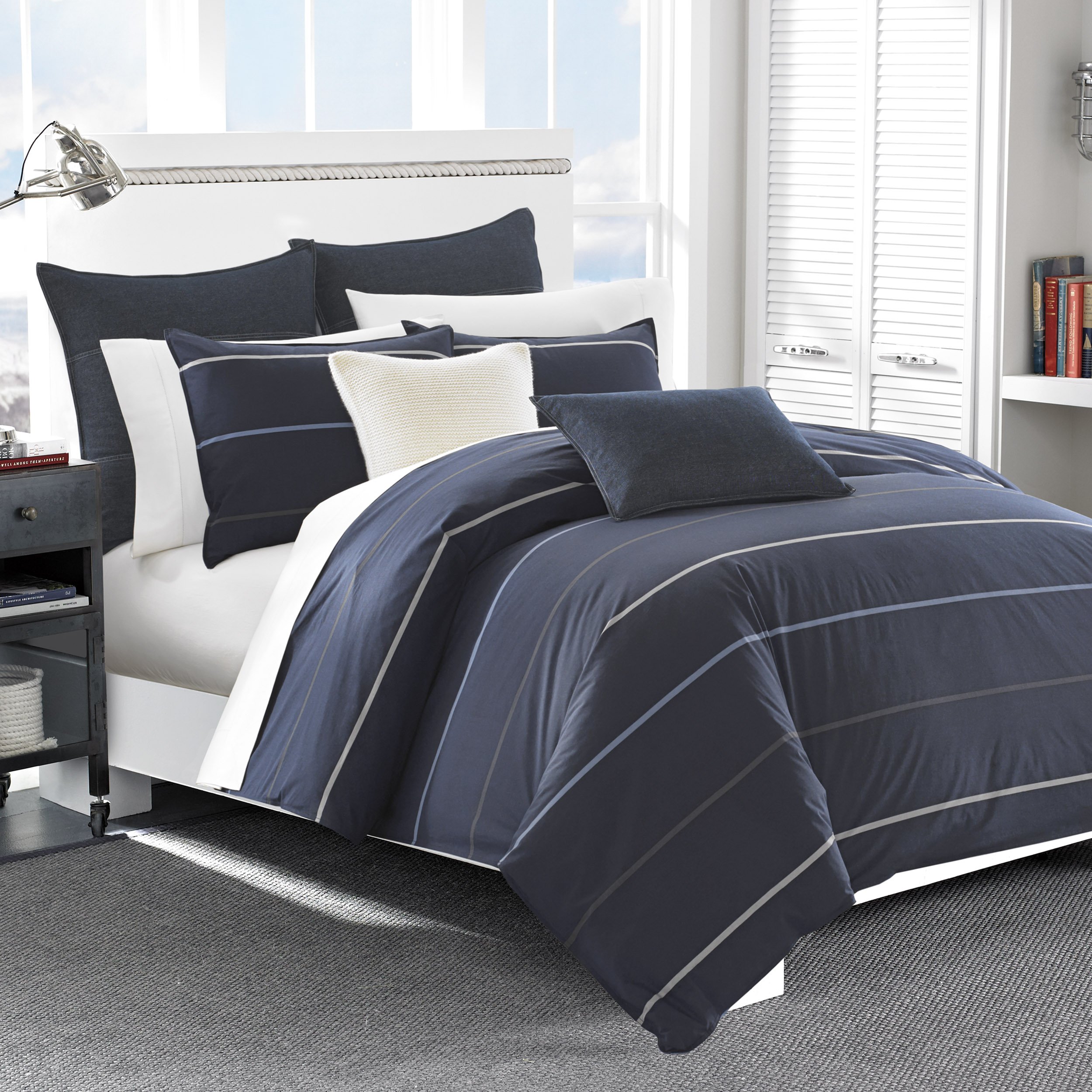 Nautica 217309 Southport Cotton Comforter Set, Full/Queen, Blue/White