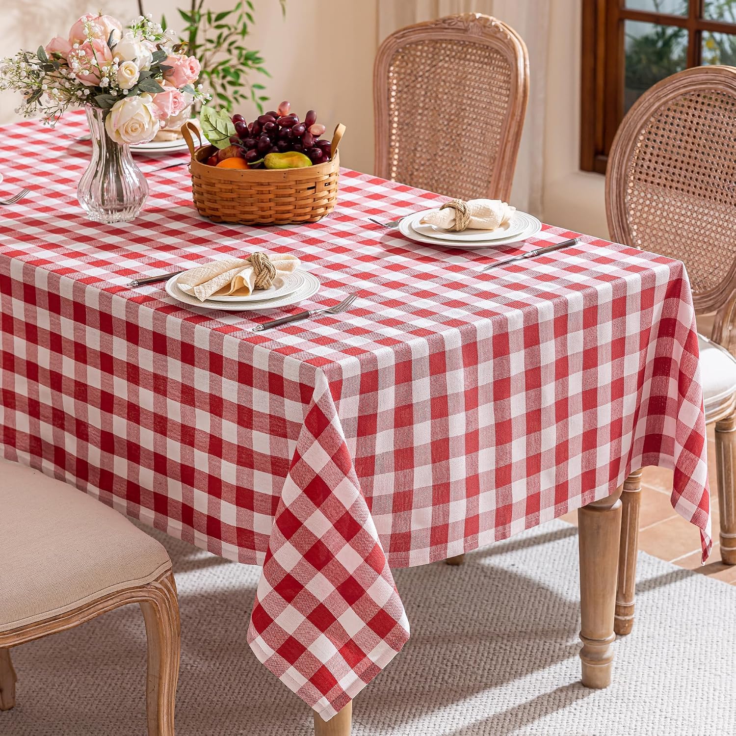 Gingham Tablecloth Rectangle Table, Cotton Linen Fabric Picnic Checkered Table Cloth Farmhouse Washable Wrinkle Free Buffalo Plaid Table Cover for Outdoor Birthday Party, Red, 60x75