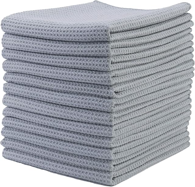 POLYTE Premium Microfibre Kitchen Dish Tea Towel Waffle Weave (Gray, 40x71) 12 Pack