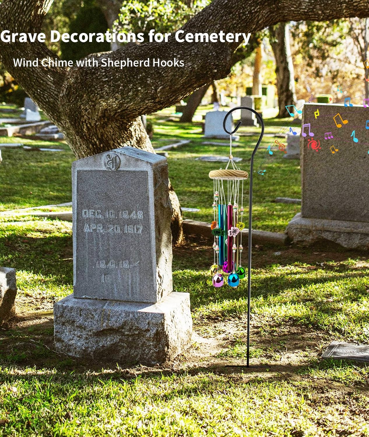Cemetery Grave Wind Chime with Shepherds Hook, Headstones Windchime for Grave, Grave Decorations Memorials Sympathy Gifts for Loss of Loved Ones
