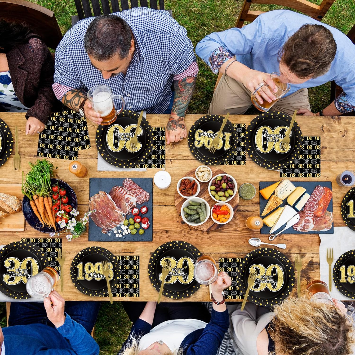 96PCS 30th Theme Birthday Party Tableware Vintage 1996 Party Supplies 30 Year Old Birthday Decorations Plates Napkins Forks Black and Gold Dinnerware Favors for Men or Women