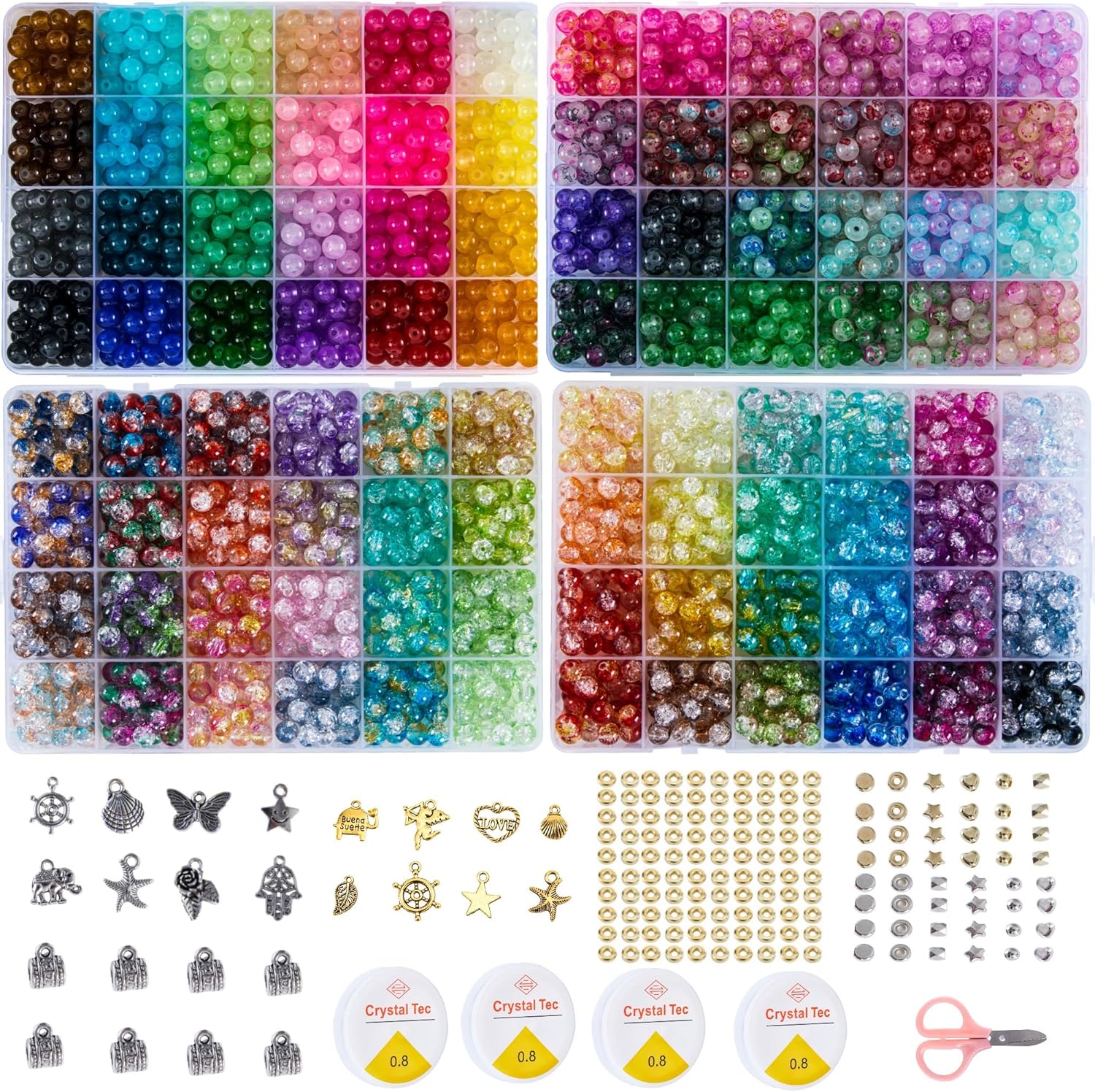 2600pcs 8mm Crackle Glass Beads for Jewelry Making,Round Crystal Glass Beads Bracelet Making Kit, Bead Starter Kit Crafts Gifts Set for Girls Teens Birthday Party