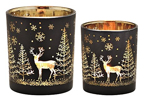 Windlichter 2er Set Schwarz-Gold mit Hirsch & Tannen –...